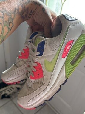 Nike White Sneakers with Neon Green, Hot Pink & Royal Blue Accents
